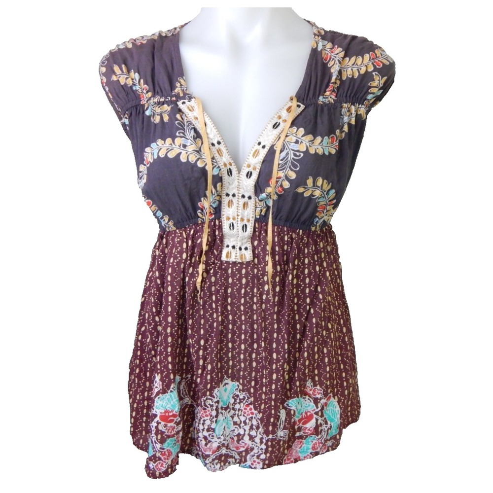 Free People Babydoll Top Vintage Y2K Boho Floral Embroidered